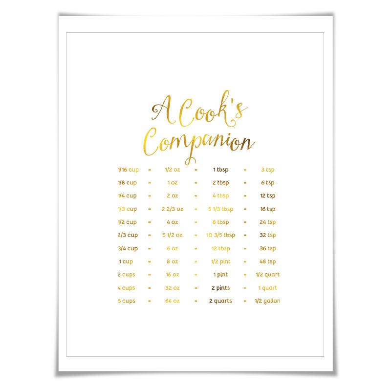 Cooking Measurements Conversions Gold Foil Print. 7 Foil Colours. Cutlery. Cooking Kitchen Poster Chef Cook Gift