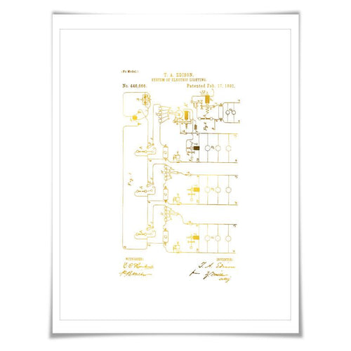 Electric Lighting System Patent Illustration Gold Foil Art Print. 7 Foil Colours. Electrician Poster. Thomas Edison. Vintage