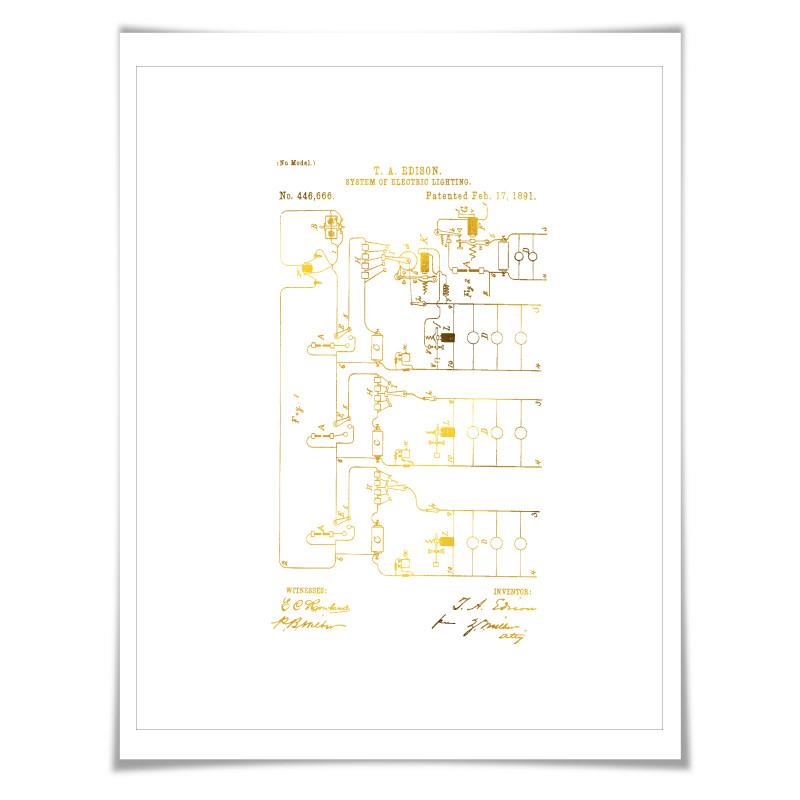 Electric Lighting System Patent Illustration Gold Foil Art Print. 7 Foil Colours. Electrician Poster. Thomas Edison. Vintage