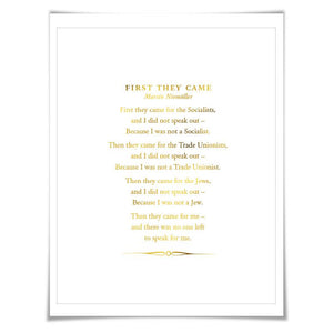 First They Came Poem Gold Foil Art Print. 7 Foil Colours. Holocaust Racism Civil Human Rights Immigration Refugee Ban