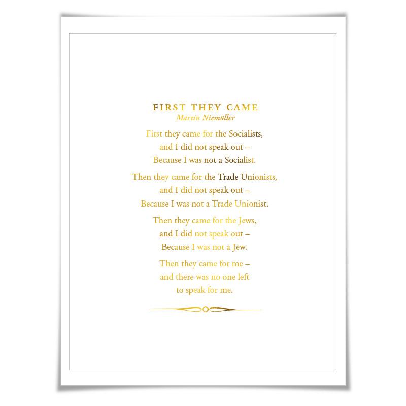 First They Came Poem Gold Foil Art Print. 7 Foil Colours. Holocaust Racism Civil Human Rights Immigration Refugee Ban