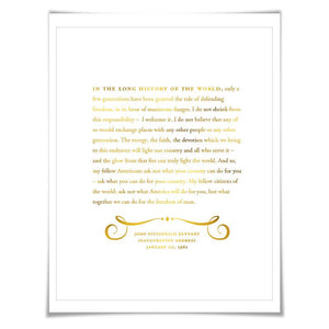 John Fitzgerald Kennedy Gold Foil Art Print. 7 Foil Colours. Graduation Gift. American History JFK Inauguration Speech