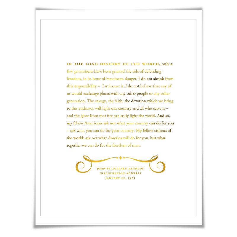 John Fitzgerald Kennedy Gold Foil Art Print. 7 Foil Colours. Graduation Gift. American History JFK Inauguration Speech