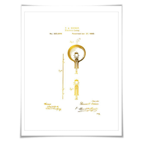 Lightbulb Gold Foil Patent Illustration. 7 Foil Colours. Electrician Poster. Thomas Edison. Vintage