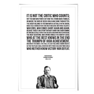 Theodore Roosevelt. Man in the Arena Speech. American History. Teddy Roosevelt Art Print. 5 Sizes. Motivational Inspirational. Typography Poster. Graduation Gift.