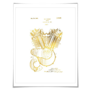 Harley Motorcycle Engine Vintage Patent Gold Foil Art Print. 7 Foil Colours. Motorbike Poster. Biking Art Print