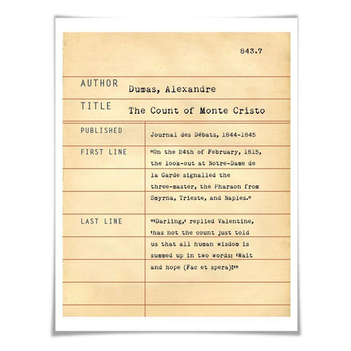 The Count of Monte Cristo Alexandre Dumas. Literary Art Print. 5 Sizes. Library Card. Book Lovers Gift. Literature