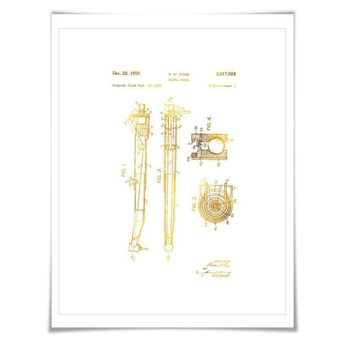 Dental Drill Gold Foil Patent Illustration. 7 Foil Colours. Dentist Office Art. Vintage Art Print