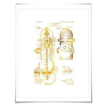 Fire Hydrant Gold Foil Patent Illustration. 7 Foil Colours. Fireman Firefighter Firehouse Firehall