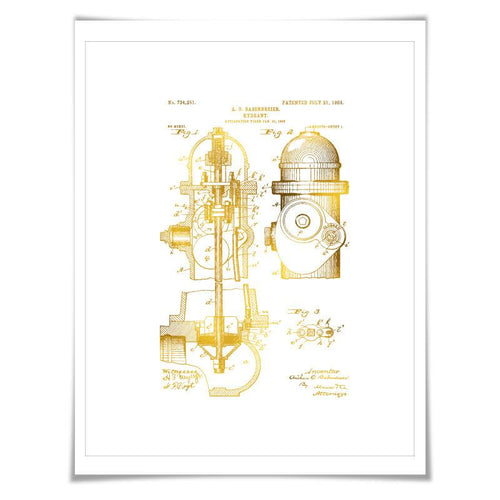 Fire Hydrant Gold Foil Patent Illustration. 7 Foil Colours. Fireman Firefighter Firehouse Firehall
