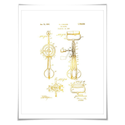 Egg Beater Hand Mixer Patent Drawing Gold Foil Art Print. 7 Foil Colours. Vintage Poster Cooking Baking Kitchen Chef
