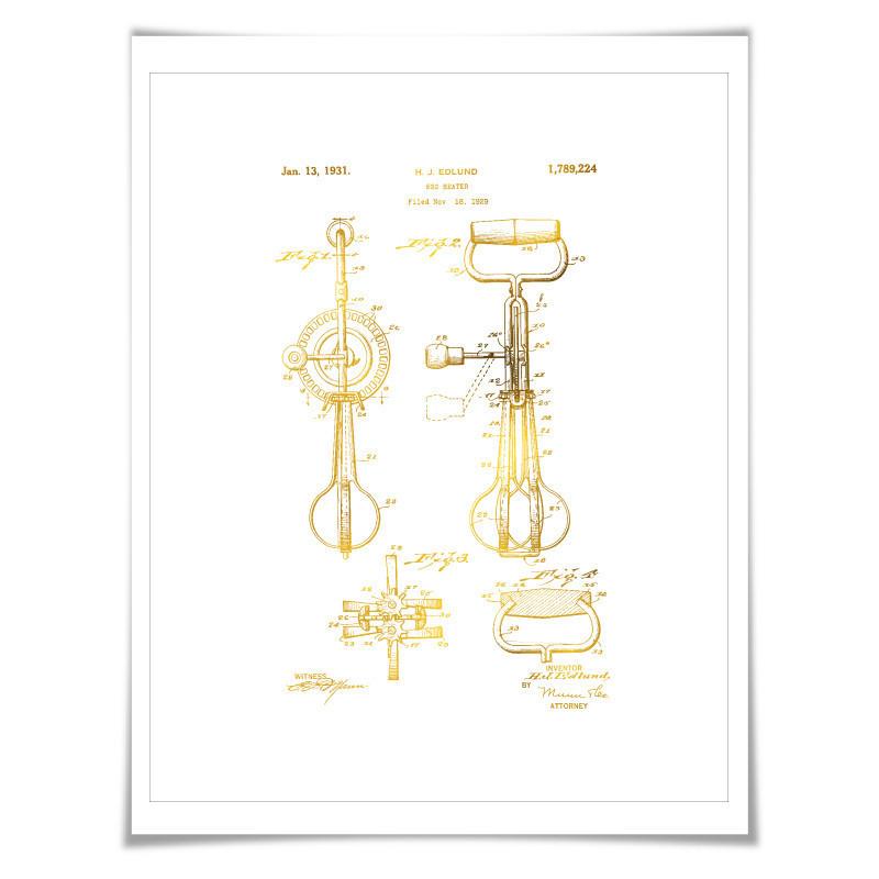 Egg Beater Hand Mixer Patent Drawing Gold Foil Art Print. 7 Foil Colours. Vintage Poster Cooking Baking Kitchen Chef