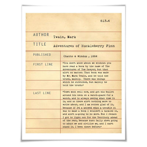 Huckleberry Finn Mark Twain. Literary Art Print. 5 Sizes. Library Card. Book Lovers Gift. Literature