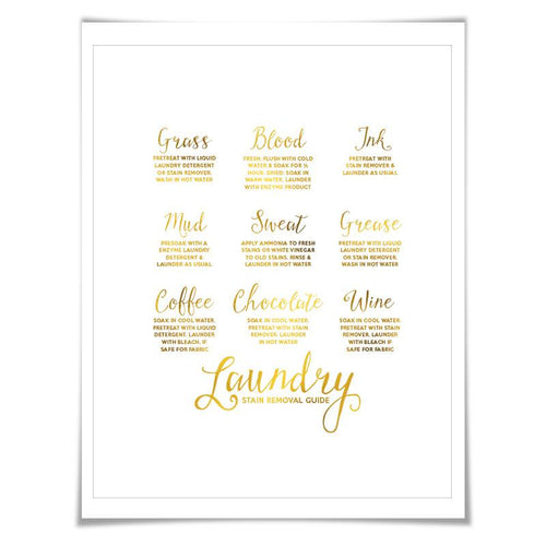 Laundry Stain Removal Guide Gold Foil Art Print. 7 Foil Colours. Laundry Room Poster. Laundry Procedures