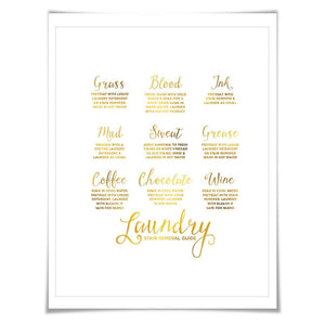 Laundry Stain Removal Guide Gold Foil Art Print. 7 Foil Colours. Laundry Room Poster. Laundry Procedures
