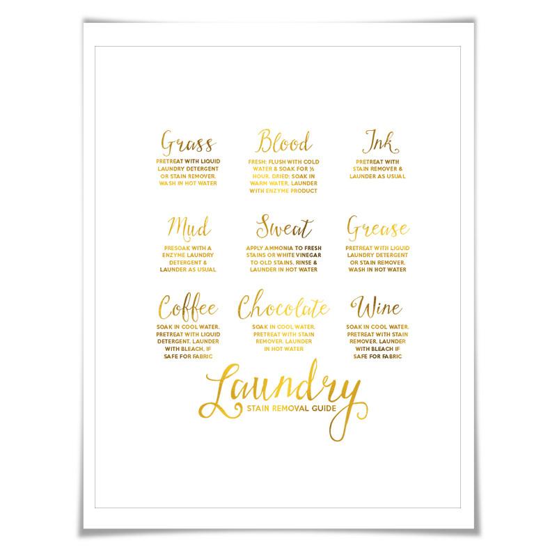 Laundry Stain Removal Guide Gold Foil Art Print. 7 Foil Colours. Laundry Room Poster. Laundry Procedures