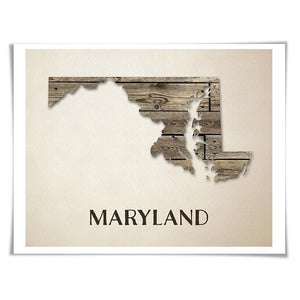 Maryland Map Art Print. 5 Sizes. Travel Poster. Custom State. USA Map. Rustic Art Home Decor.