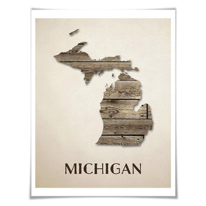 Michigan Map Art Print. 5 Sizes. Travel Poster. Custom State. USA Map. Rustic Art Home Decor.