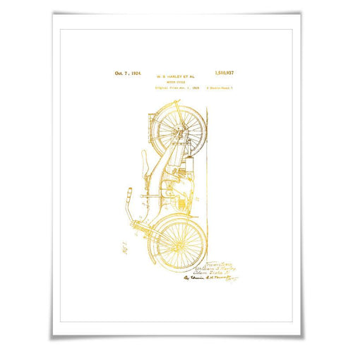 Harley Motorcycle Vintage Patent Gold Foil Art Print. 7 Foil Colours. Motorbike Poster. Biking Art Print