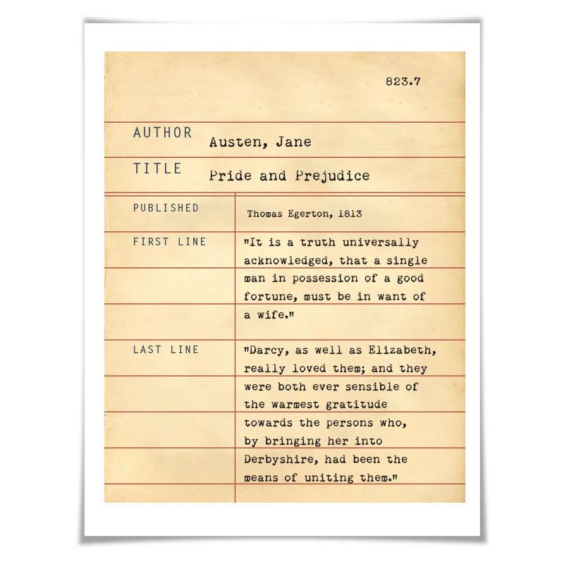 Pride and Prejudice Jane Austen. Literary Art Print. 5 Sizes. Library Card. Book Lovers Gift. Literature