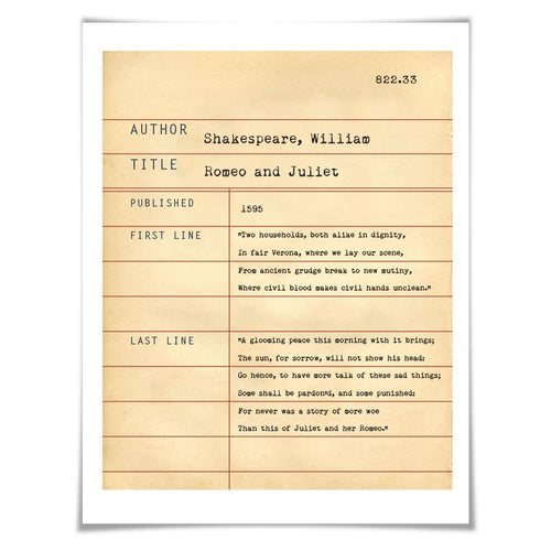 Romeo and Juliet William Shakespeare. Literary Art Print. 5 Sizes. Library Card. Book Lovers Gift