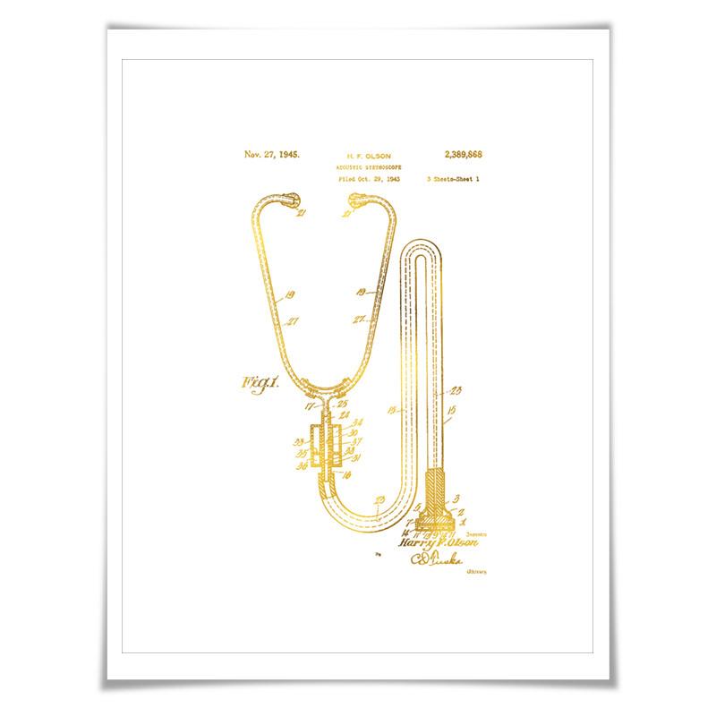 Stethoscope Gold Foil Patent Art Print. 7 Foil Colours. Doctor Poster. Medical Hospital