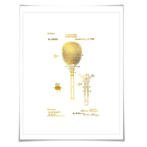 Tennis Racket Gold Foil Patent Illustration. 7 Foil Colours. Sports Poster. Vintage Art Print