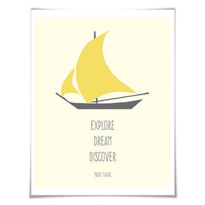 Explore Dream Discover Art Print Mark Twain Quote. 5 Sizes. Sail Boat Sailing Boating Travel Poster Adventure