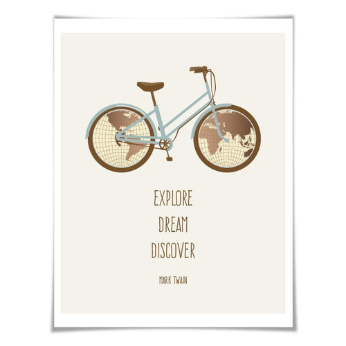 Explore Dream Discover Art Print Mark Twain Quote. 5 Sizes. Bicycle Bike World Map Travel Poster Adventure