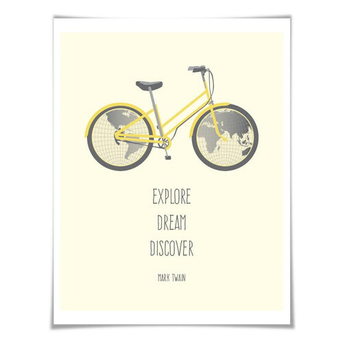 Explore Dream Discover Art Print Mark Twain Quote. 5 Sizes. Bicycle Bike World Map Travel Poster Adventure