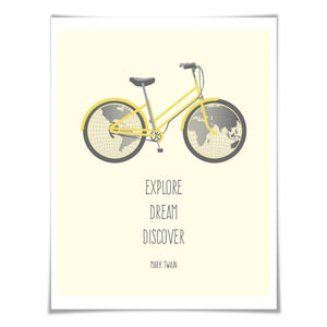 Explore Dream Discover Art Print Mark Twain Quote. 5 Sizes. Bicycle Bike World Map Travel Poster Adventure
