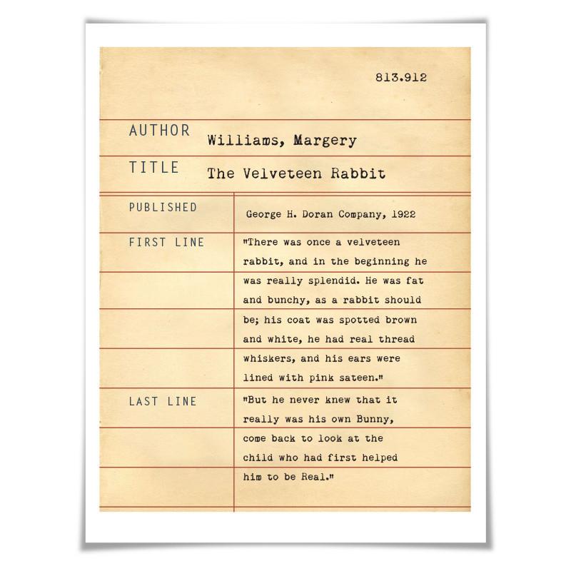 The Velveteen Rabbit Margery Williams. Literary Art Print. 5 Sizes. Library Card. Book Lovers Gift