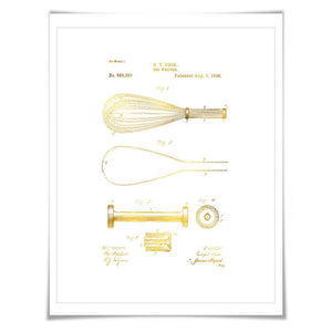 Egg Whisk Patent Drawing Illustration Gold Foil Art Print. 7 Foil Colours. Vintage Poster Cooking Baking Kitchen Chef