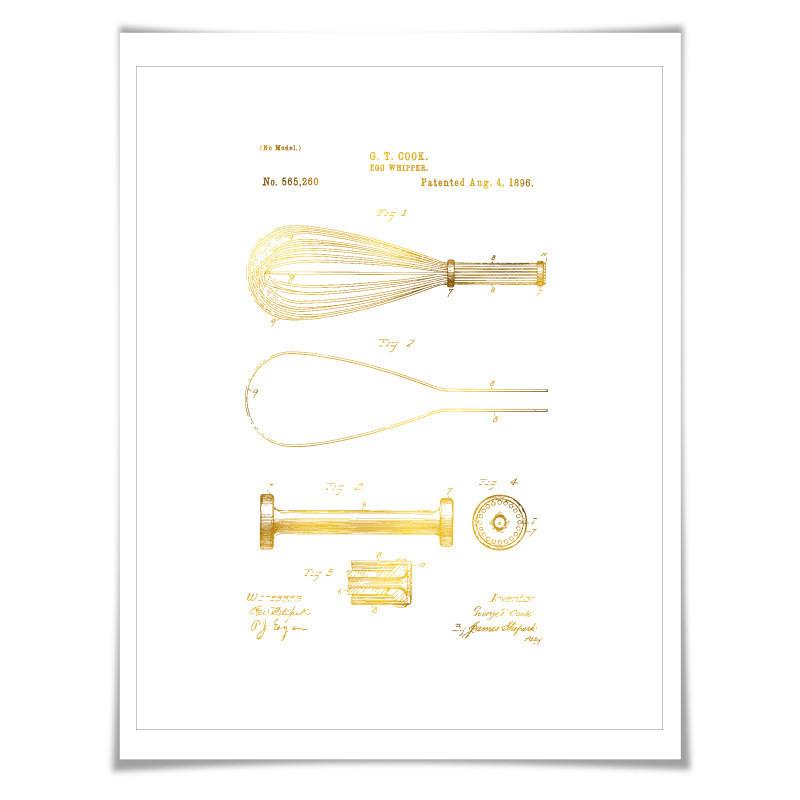Egg Whisk Patent Drawing Illustration Gold Foil Art Print. 7 Foil Colours. Vintage Poster Cooking Baking Kitchen Chef