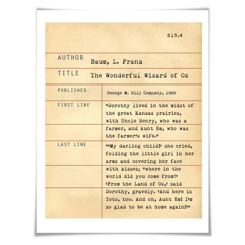 The Wizard of Oz L. Frank Baum. Literary Art Print. 5 Sizes. Library Card. Book Lovers Gift. Literature